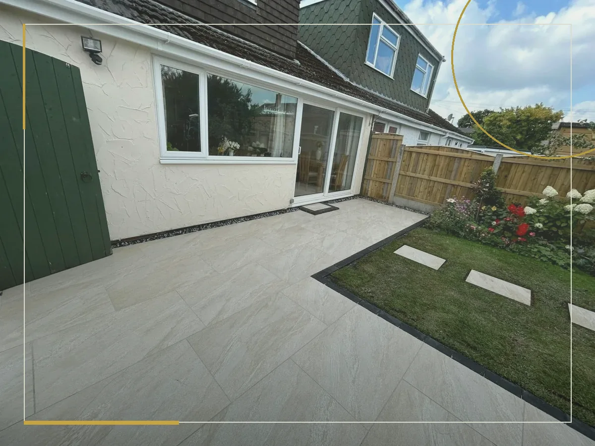 Family garden design concept with artificial grass, decking and seating areas
